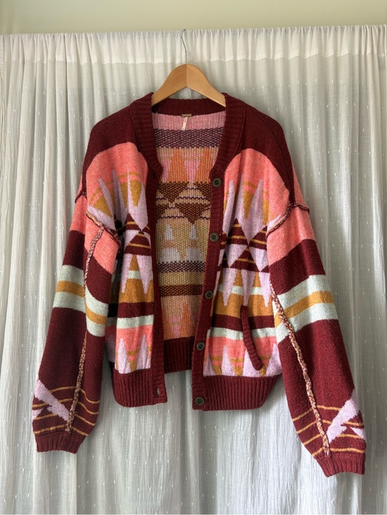 Free People Sweaters - Free People Burgundy, Pink and Mustard Geometric Knit Cardigan